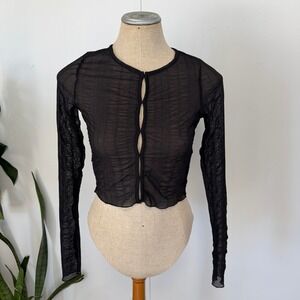 Cotton On Mesh Ruched Crop Top Women Small Black Sheer Long Sleeve Keyhole Y2K